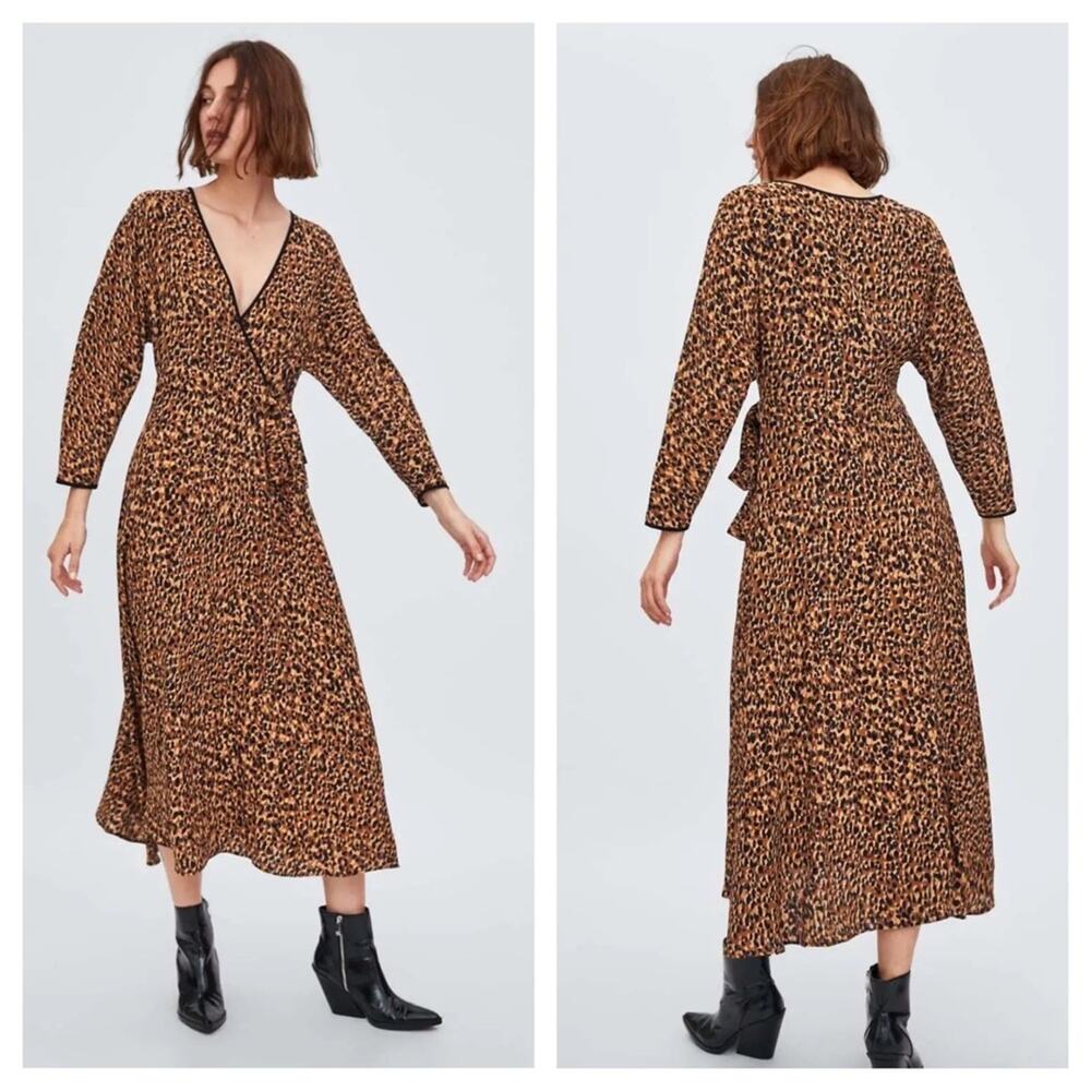 Zara Midi Wrap Dress Small Animal Print Brown Leopard Short Sleeve Casual